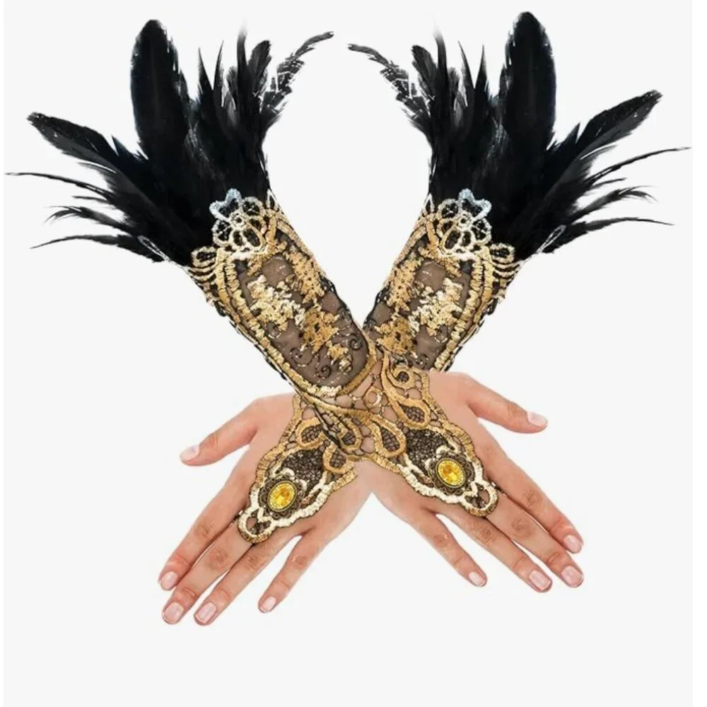 Gothic Black Lace Feather Long Gloves